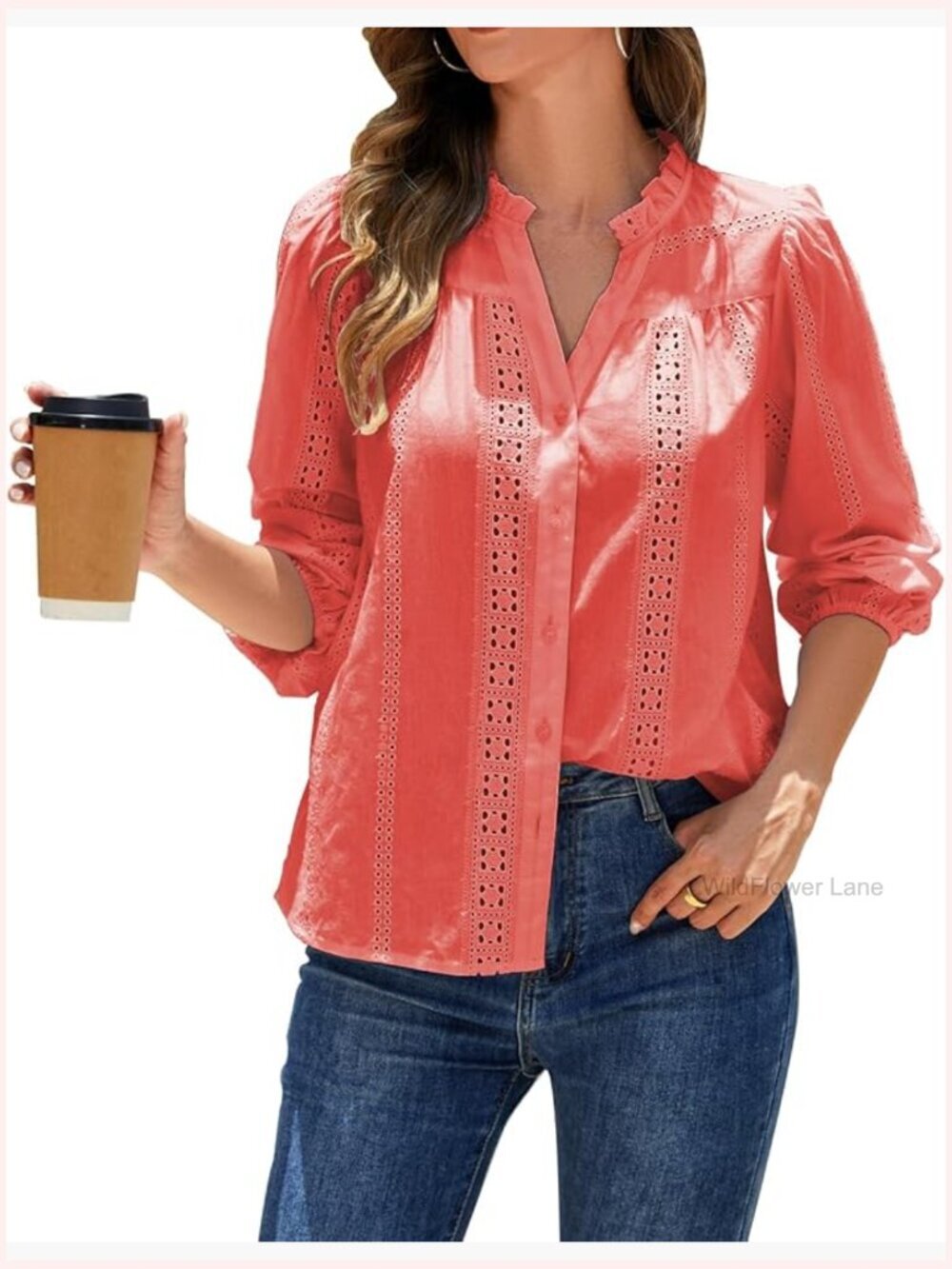 Cotton Embroidered Eyelet Button-Down Blouse Long Sleeve Business Casual